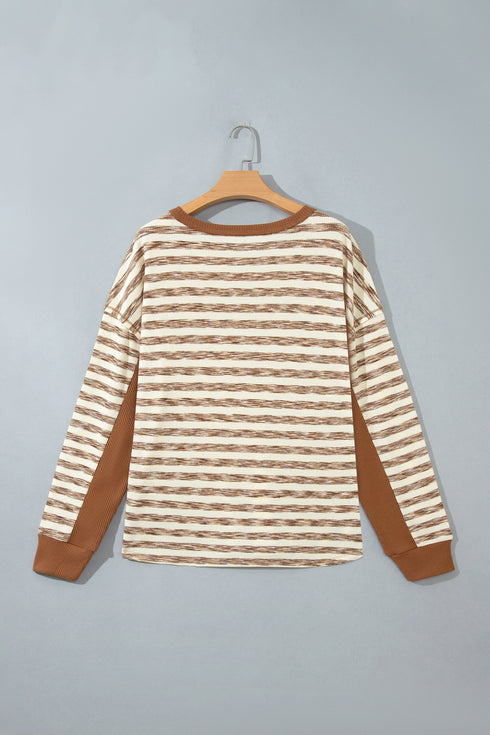 Striped Waffle Knit Round Neck Long Sleeve Top