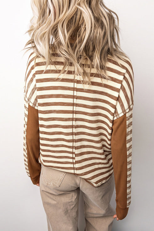Striped Waffle Knit Round Neck Long Sleeve Top