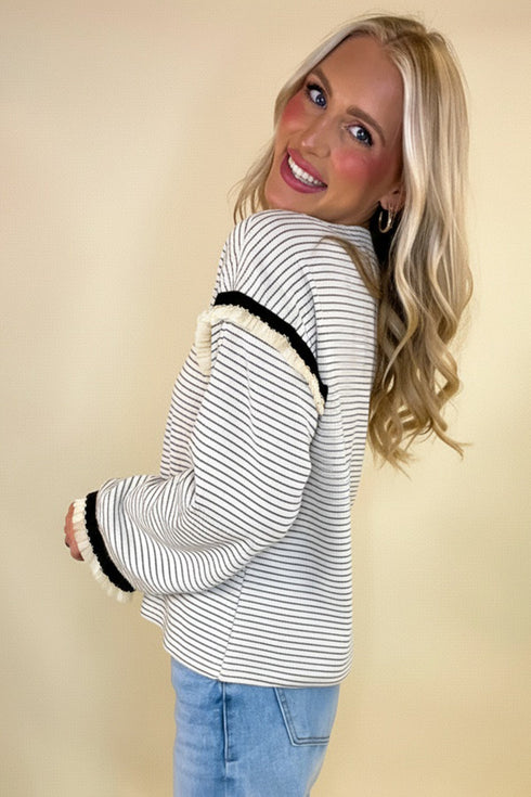 Striped Waffle Knit Ruffle Trim Long Sleeve Top