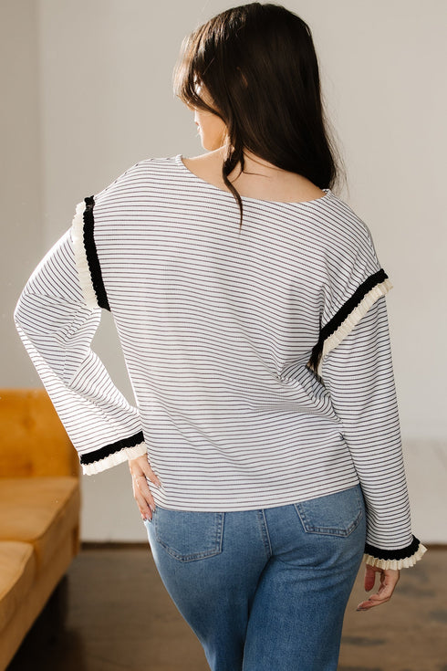 Striped Waffle Knit Ruffle Trim Long Sleeve Top