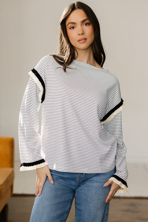 Striped Waffle Knit Ruffle Trim Long Sleeve Top