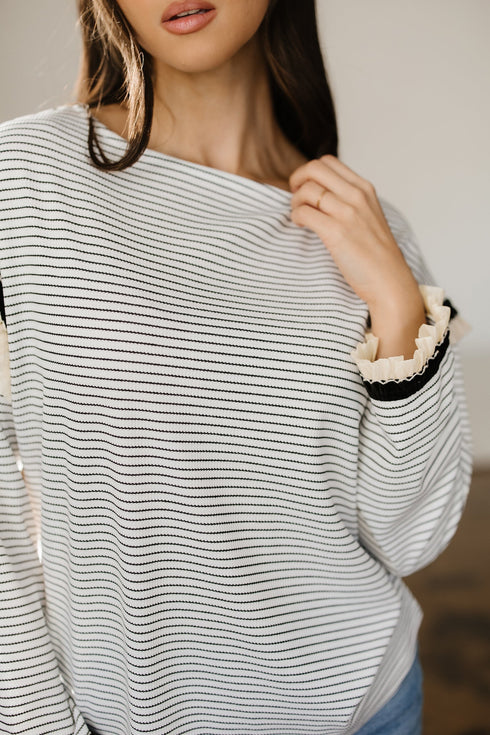 Striped Waffle Knit Ruffle Trim Long Sleeve Top