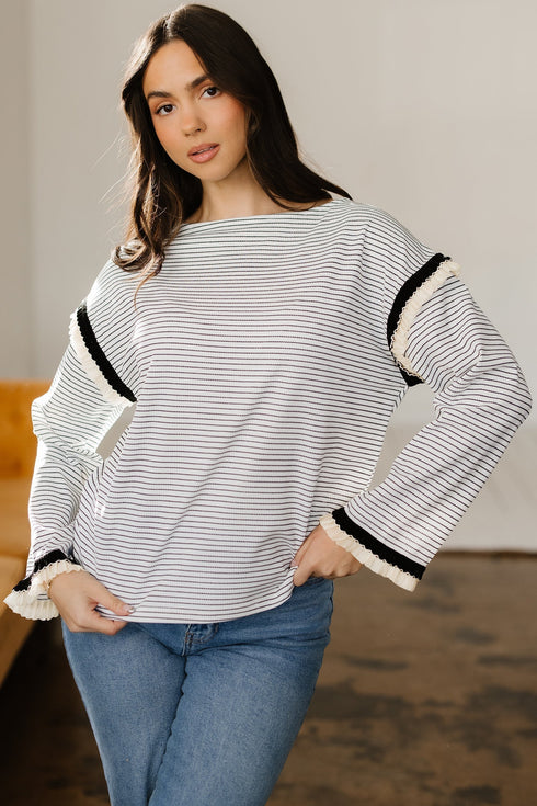 Striped Waffle Knit Ruffle Trim Long Sleeve Top