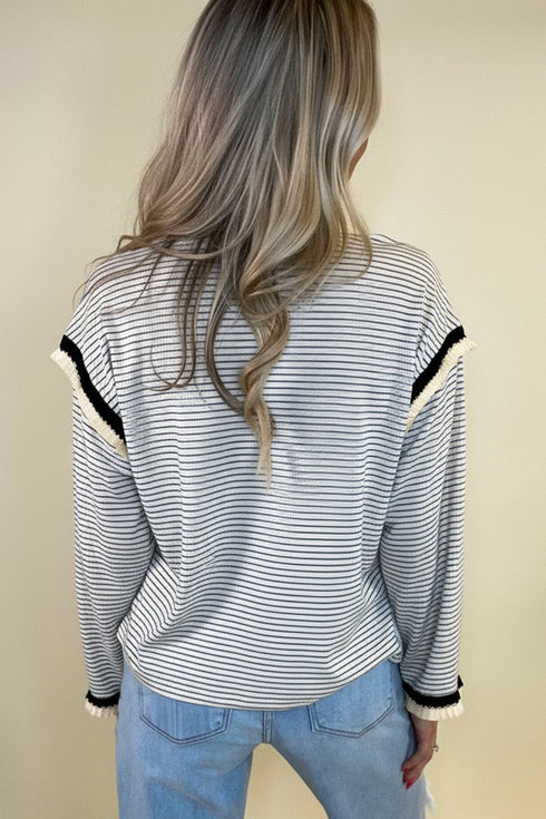Striped Waffle Knit Ruffle Trim Long Sleeve Top