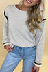Striped Waffle Knit Ruffle Trim Long Sleeve Top