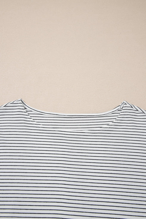 Striped Waffle Knit Ruffle Trim Long Sleeve Top
