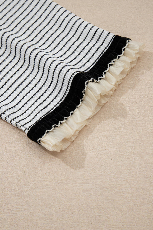 Striped Waffle Knit Ruffle Trim Long Sleeve Top