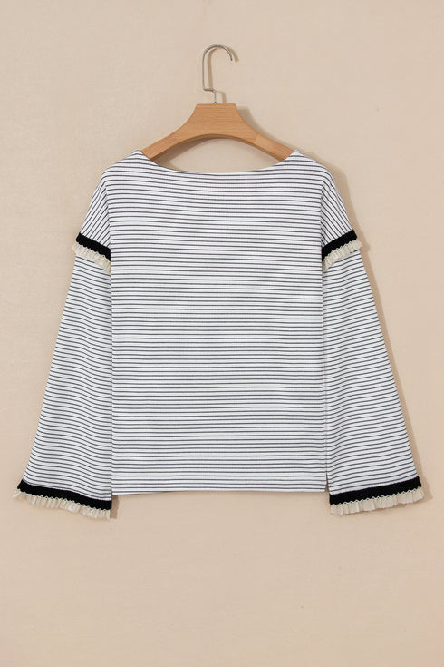 Striped Waffle Knit Ruffle Trim Long Sleeve Top