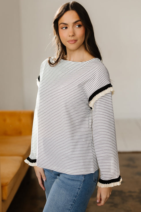 Striped Waffle Knit Ruffle Trim Long Sleeve Top