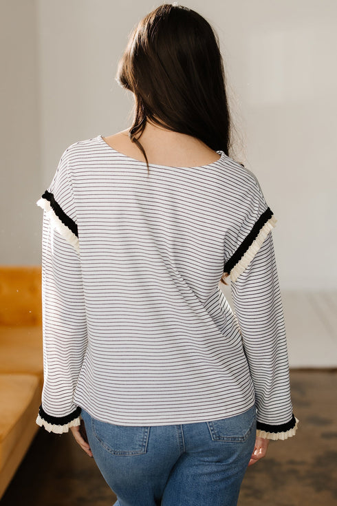 Striped Waffle Knit Ruffle Trim Long Sleeve Top