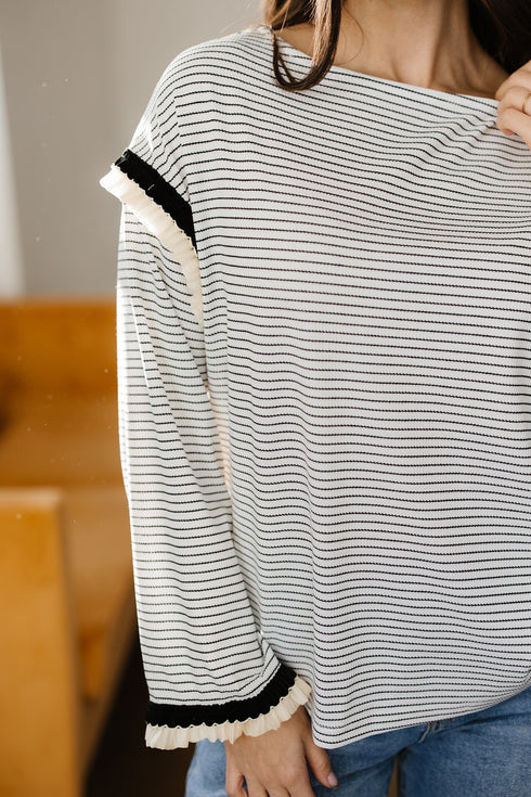 Striped Waffle Knit Ruffle Trim Long Sleeve Top