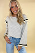 Striped Waffle Knit Ruffle Trim Long Sleeve Top
