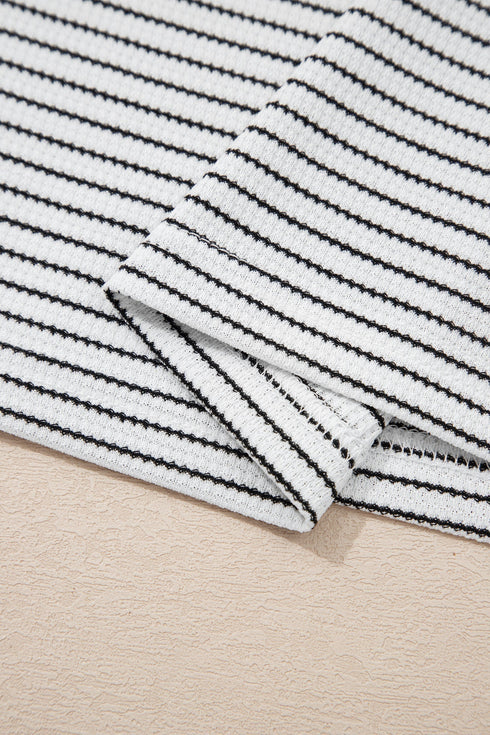 Striped Waffle Knit Ruffle Trim Long Sleeve Top