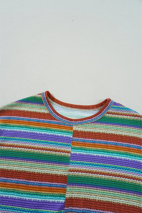 Striped Waffle Knit Short Sleeve Twist Hem Top