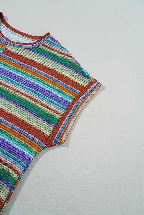 Striped Waffle Knit Short Sleeve Twist Hem Top