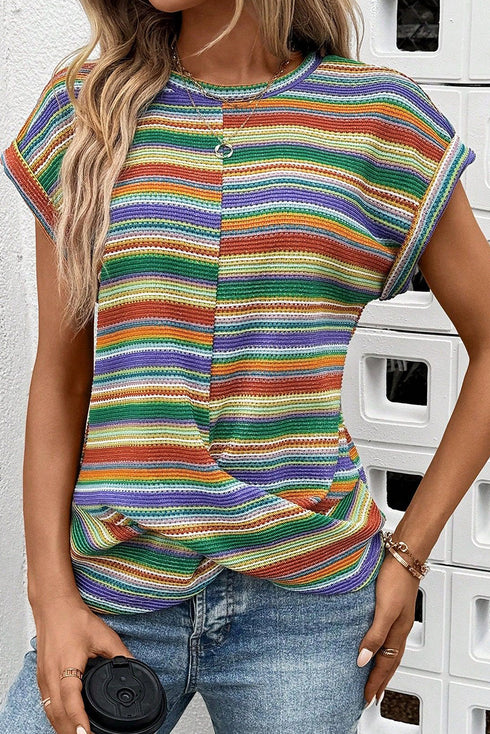 Striped Waffle Knit Short Sleeve Twist Hem Top