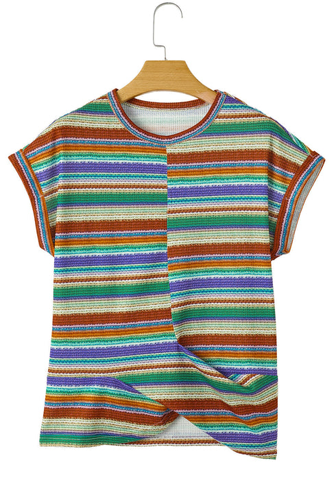 Striped Waffle Knit Short Sleeve Twist Hem Top