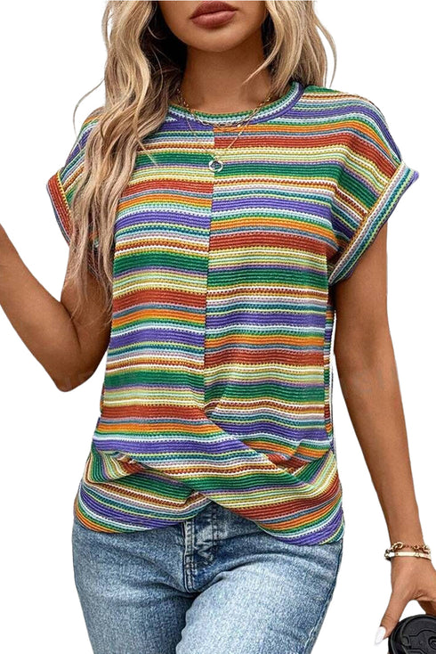 Striped Waffle Knit Short Sleeve Twist Hem Top