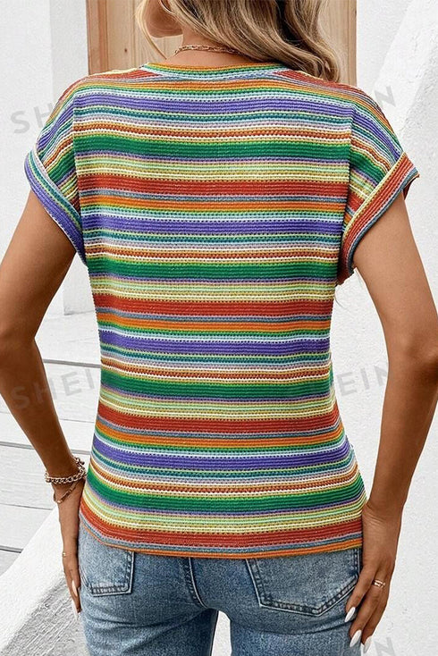 Striped Waffle Knit Short Sleeve Twist Hem Top