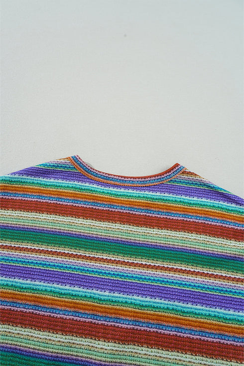 Striped Waffle Knit Short Sleeve Twist Hem Top