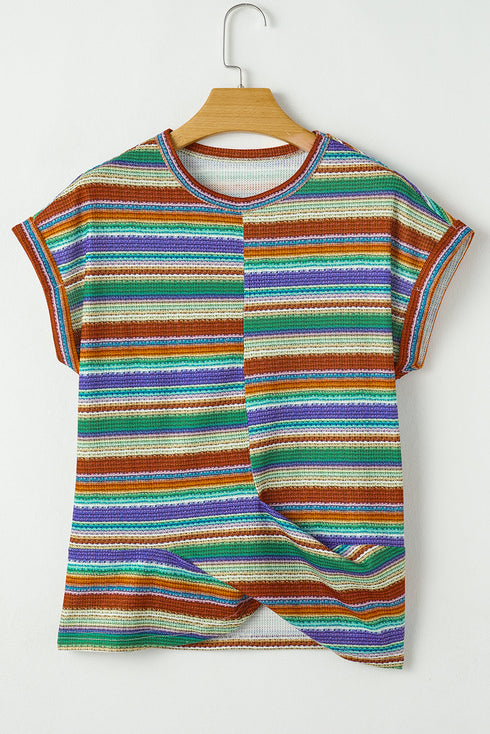 Striped Waffle Knit Short Sleeve Twist Hem Top