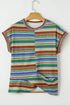 Striped Waffle Knit Short Sleeve Twist Hem Top