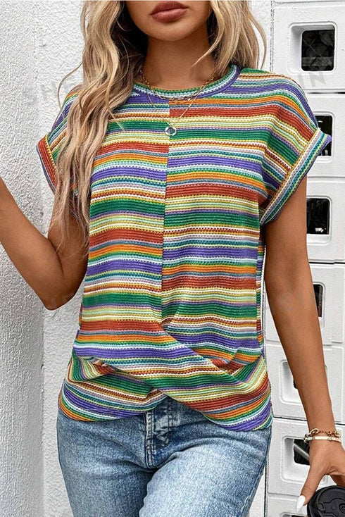 Striped Waffle Knit Short Sleeve Twist Hem Top