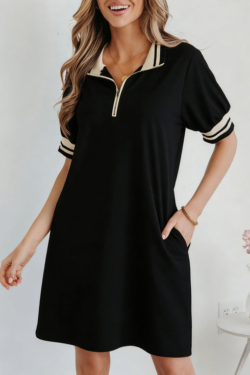 Striped Webbing Trim Preppy Polo T Shirt Dress