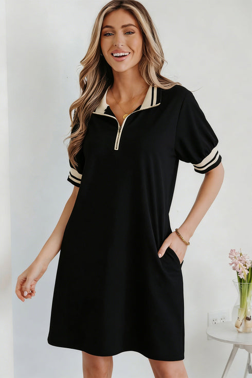 Striped Webbing Trim Preppy Polo T Shirt Dress