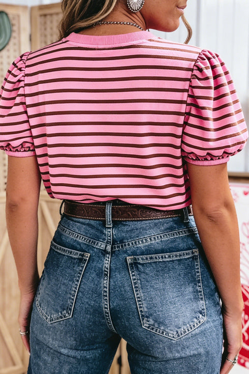 Striped Western Gathered Puff Sleeve V Neck Ribbed Top