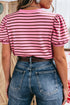 Striped Western Gathered Puff Sleeve V Neck Ribbed Top
