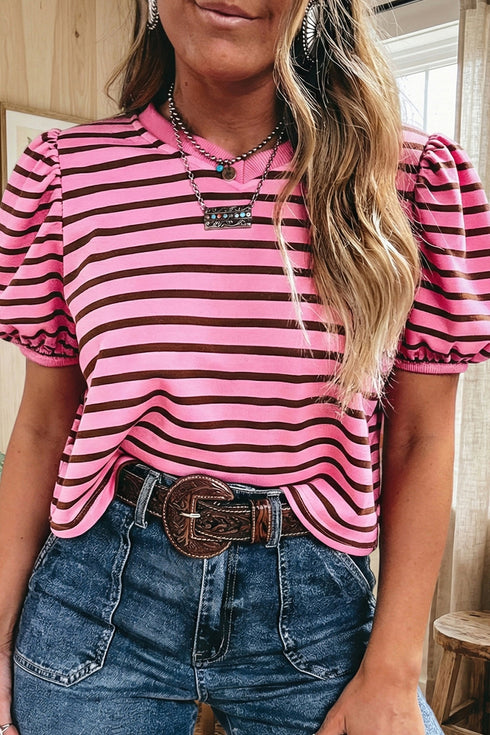 Striped Western Gathered Puff Sleeve V Neck Ribbed Top