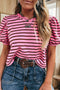 Striped Western Gathered Puff Sleeve V Neck Ribbed Top