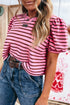 Striped Western Gathered Puff Sleeve V Neck Ribbed Top