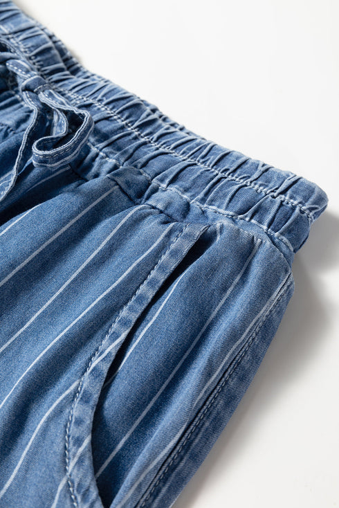 Striped Wide Leg Tied Elastic Waist Denim Jeans