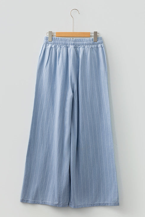 Striped Wide Leg Tied Elastic Waist Denim Jeans