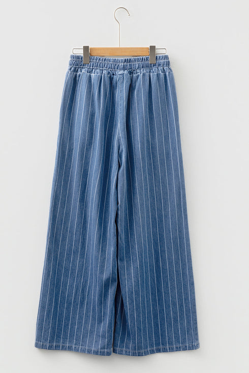 Striped Wide Leg Tied Elastic Waist Denim Jeans