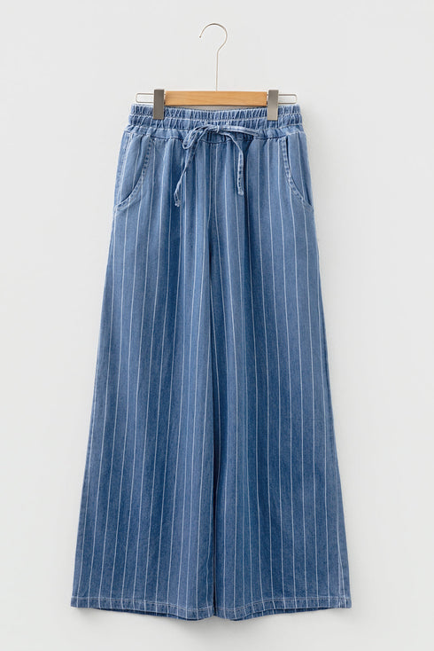 Striped Wide Leg Tied Elastic Waist Denim Jeans