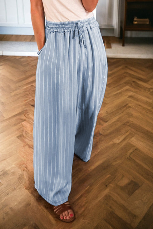 Striped Wide Leg Tied Elastic Waist Denim Jeans