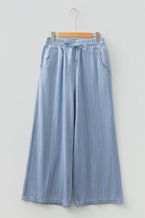 Striped Wide Leg Tied Elastic Waist Denim Jeans