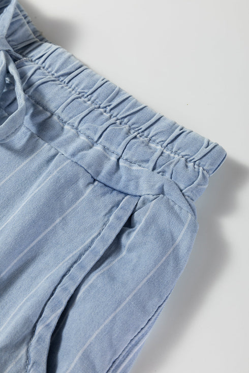 Striped Wide Leg Tied Elastic Waist Denim Jeans