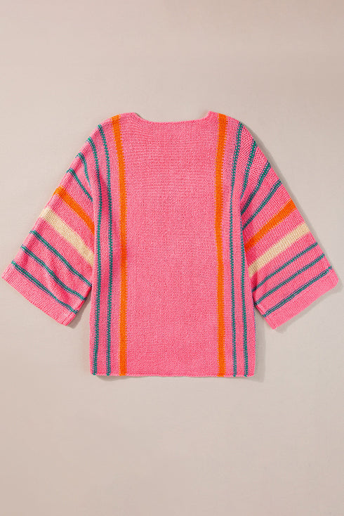 Striped Wide Sleeve Lightweight Knitted Short Sleeve Sweater