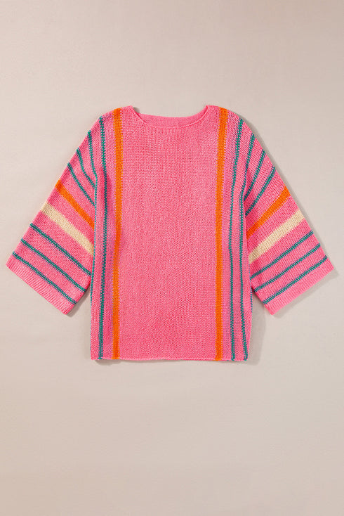 Striped Wide Sleeve Lightweight Knitted Short Sleeve Sweater