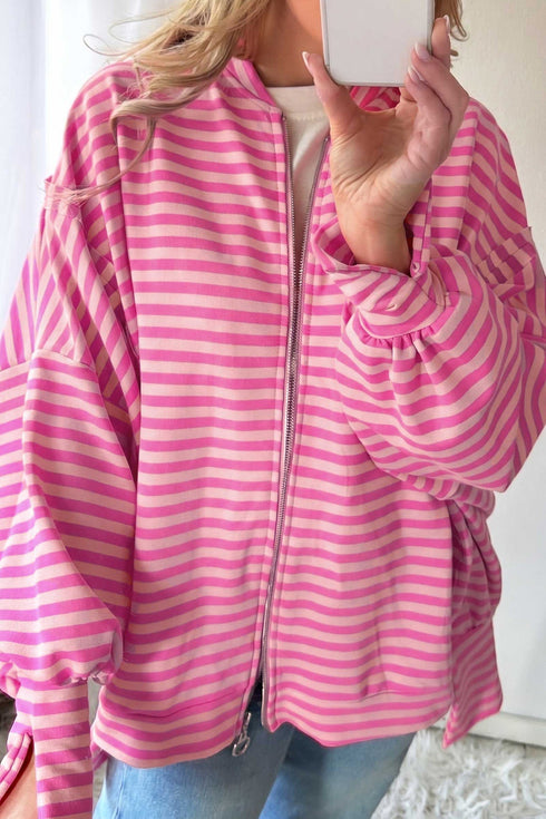 Striped Zip Up Puff Sleeve Jacket Sweatshirt