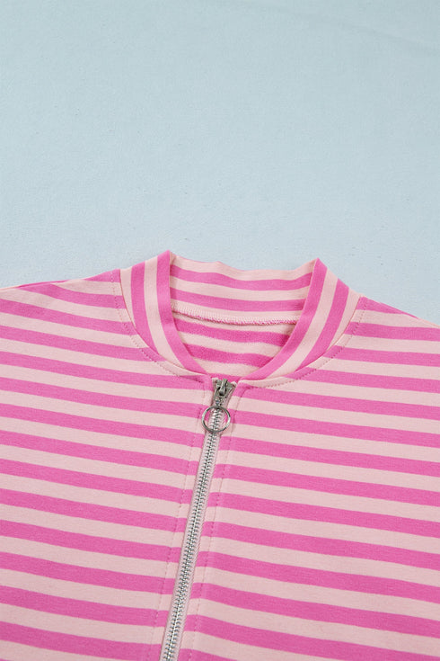 Striped Zip Up Puff Sleeve Jacket Sweatshirt
