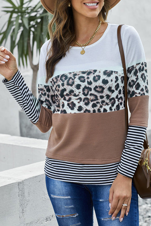 Stripes Leopard Splicing Colorblock Long Sleeve Top