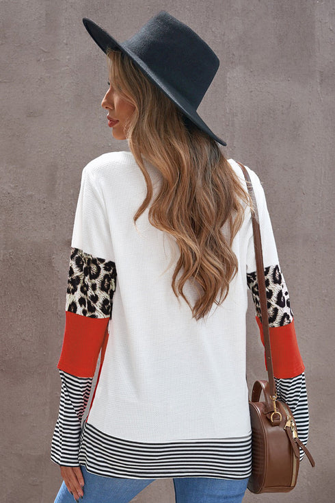 Stripes Leopard Splicing Colorblock Long Sleeve Top
