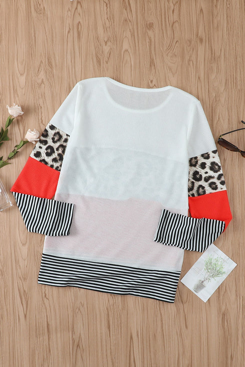Stripes Leopard Splicing Colorblock Long Sleeve Top