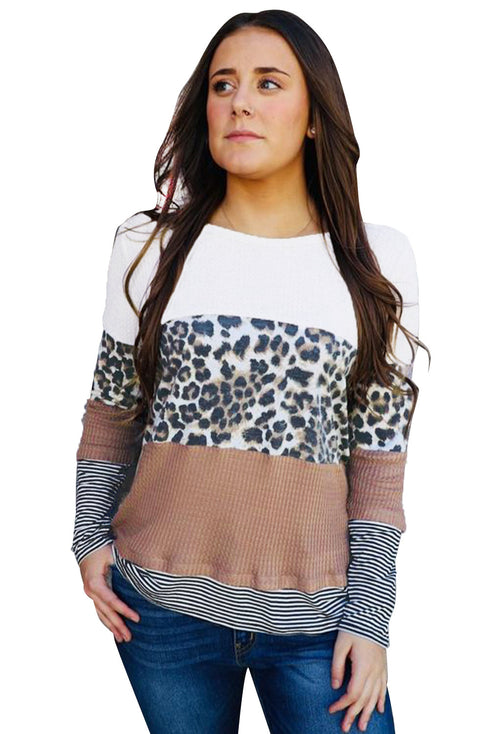 Stripes Leopard Splicing Colorblock Long Sleeve Top