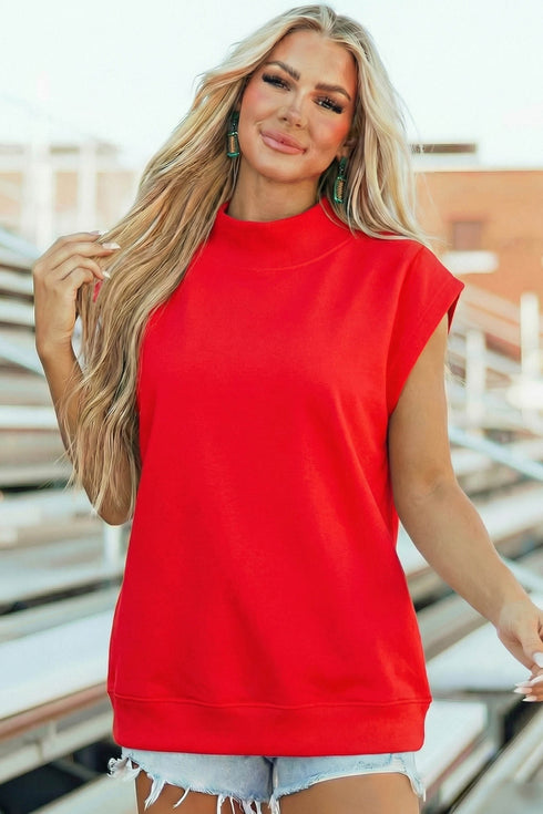 Structured Mock Neck Cap Sleeve Loose Top